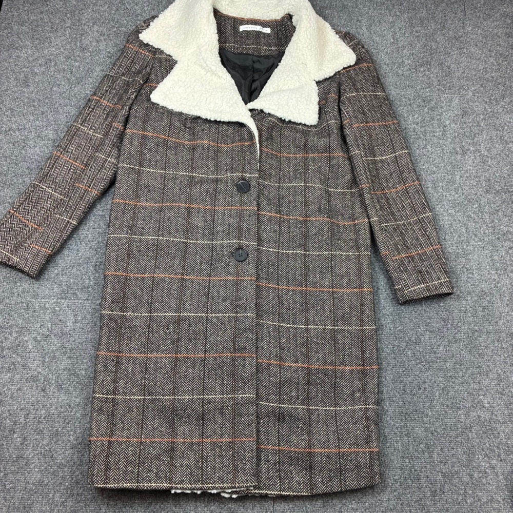 Altar'd State Brown Herringbone Plaid Long Coat Womens Size Medium